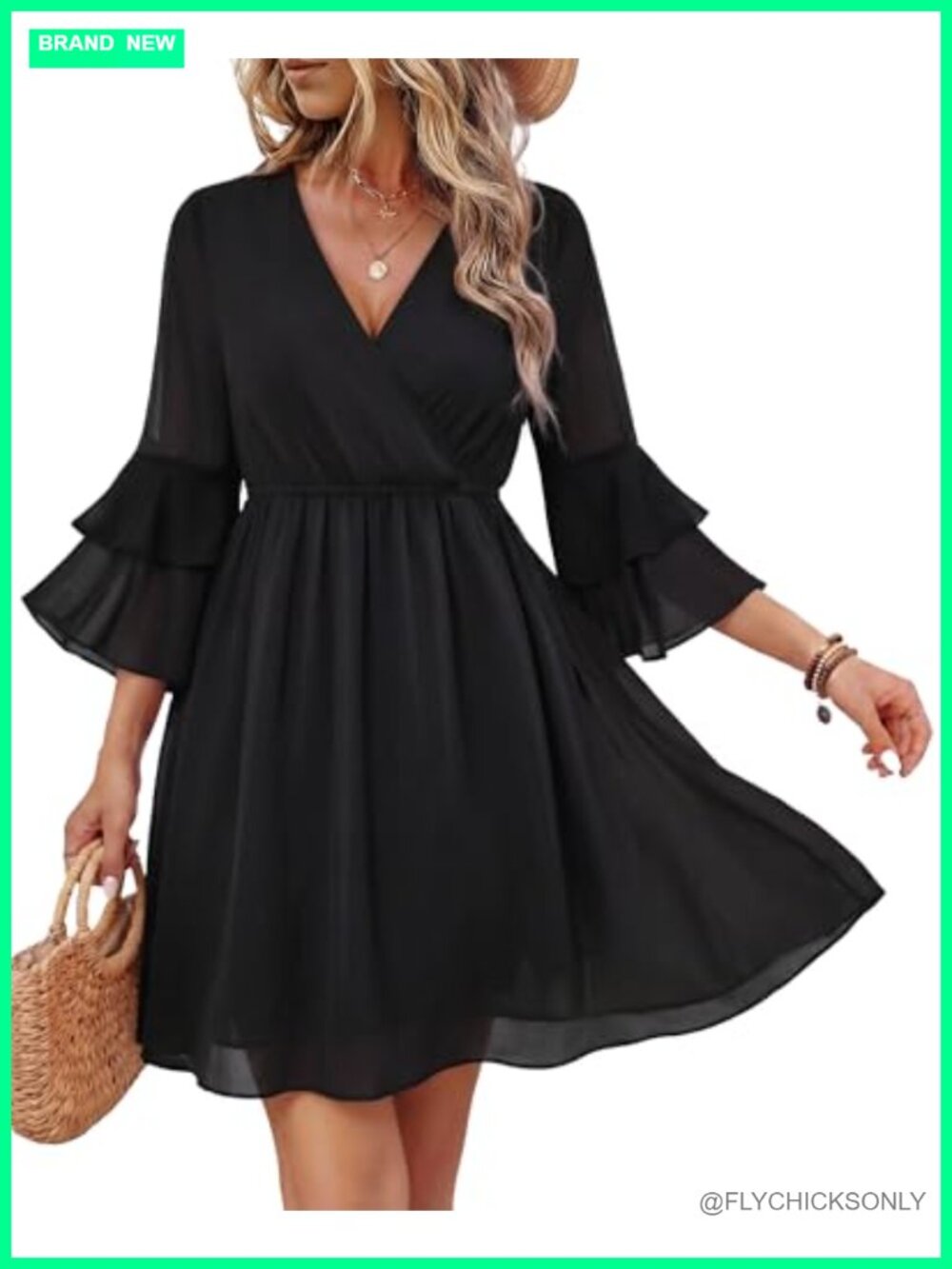 Women's 3/4 Ruffle Sleeve V-Neck Flowy Chiffon Casual A-Line Dress
